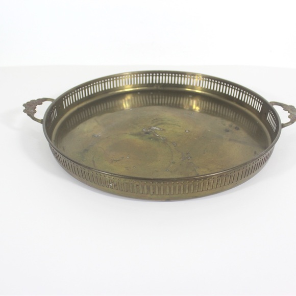 Vintage 12” Brass Gallery Tray with Floral Handles for Serving Drinks - Picture 3 of 8